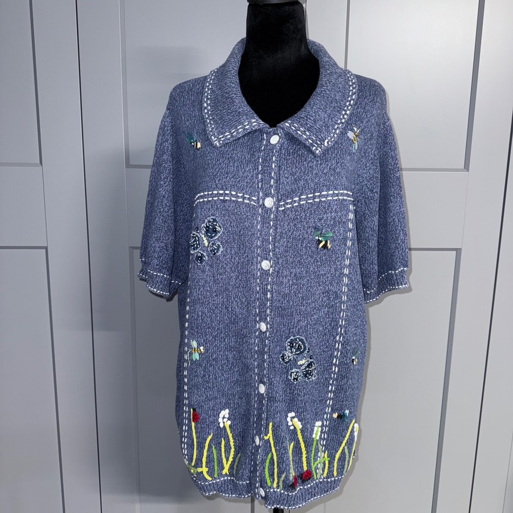Vtg Susan Bristol Button Up Cardigan Sweater Bee Butterfly Embroidered L/XL
